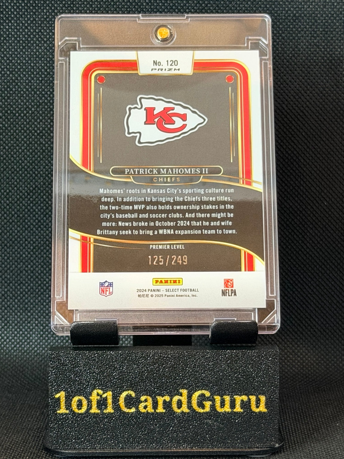 Back of 2024 Panini Select Patrick Mahomes II #120 showing serial number 125/249