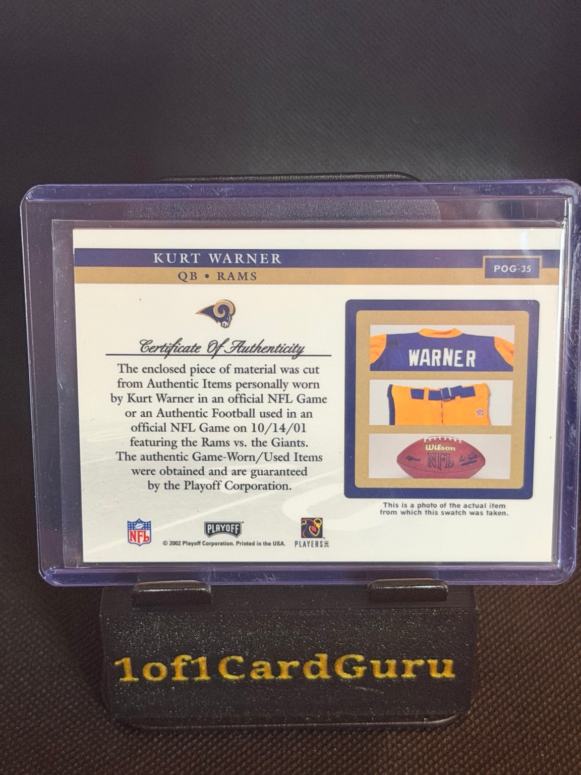 2002 Playoff Piece of the Game Kurt Warner #POG-35 Jersey Relic back