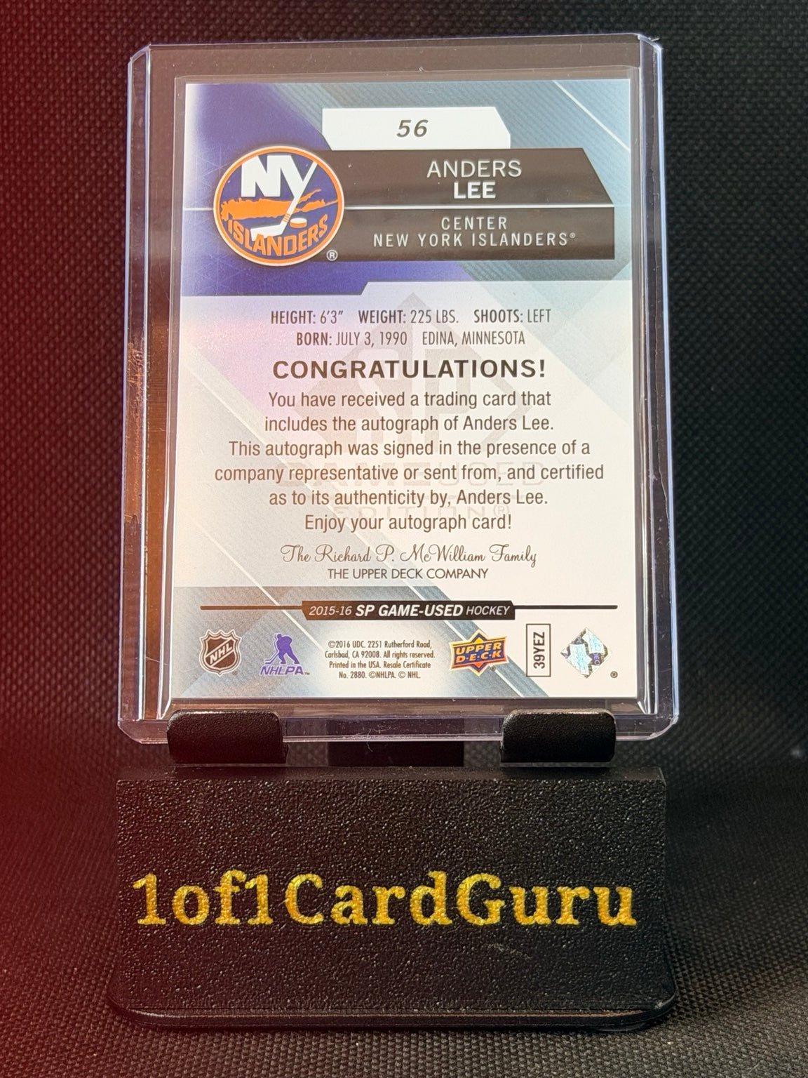 2015-16 Upper Deck SP Game Used Anders Lee Blue Autograph #56 — back