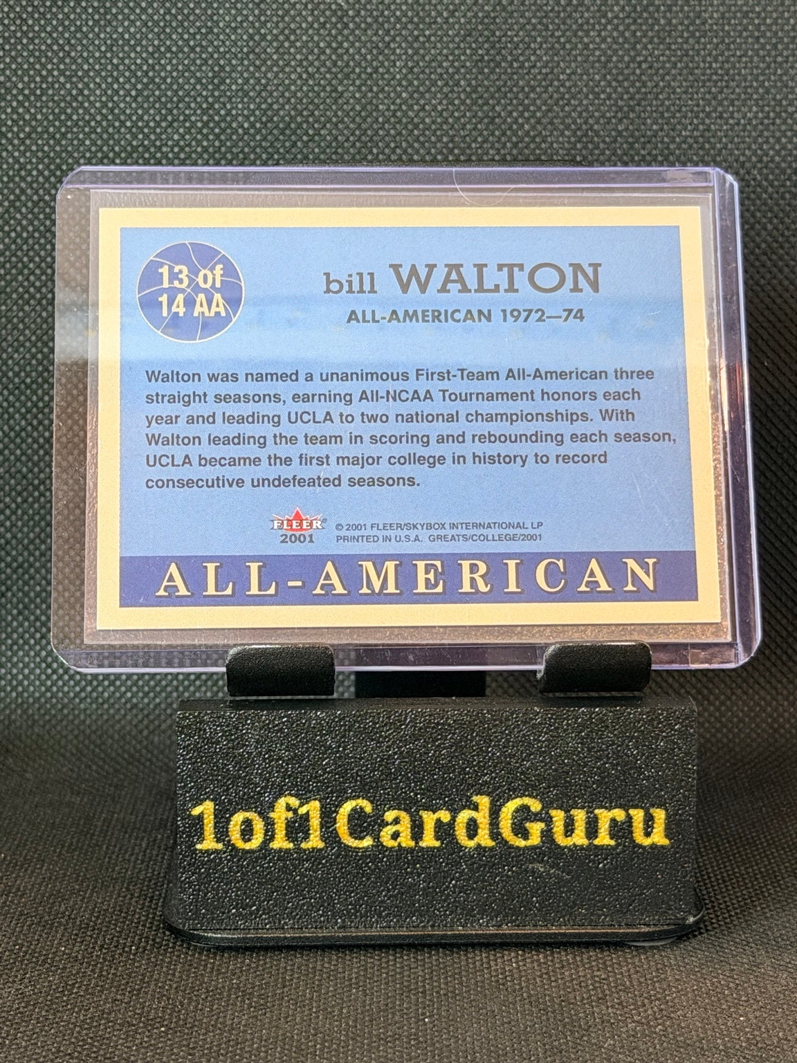 2001 Fleer Greats of the Game All-American Collection Bill Walton #13AA — back