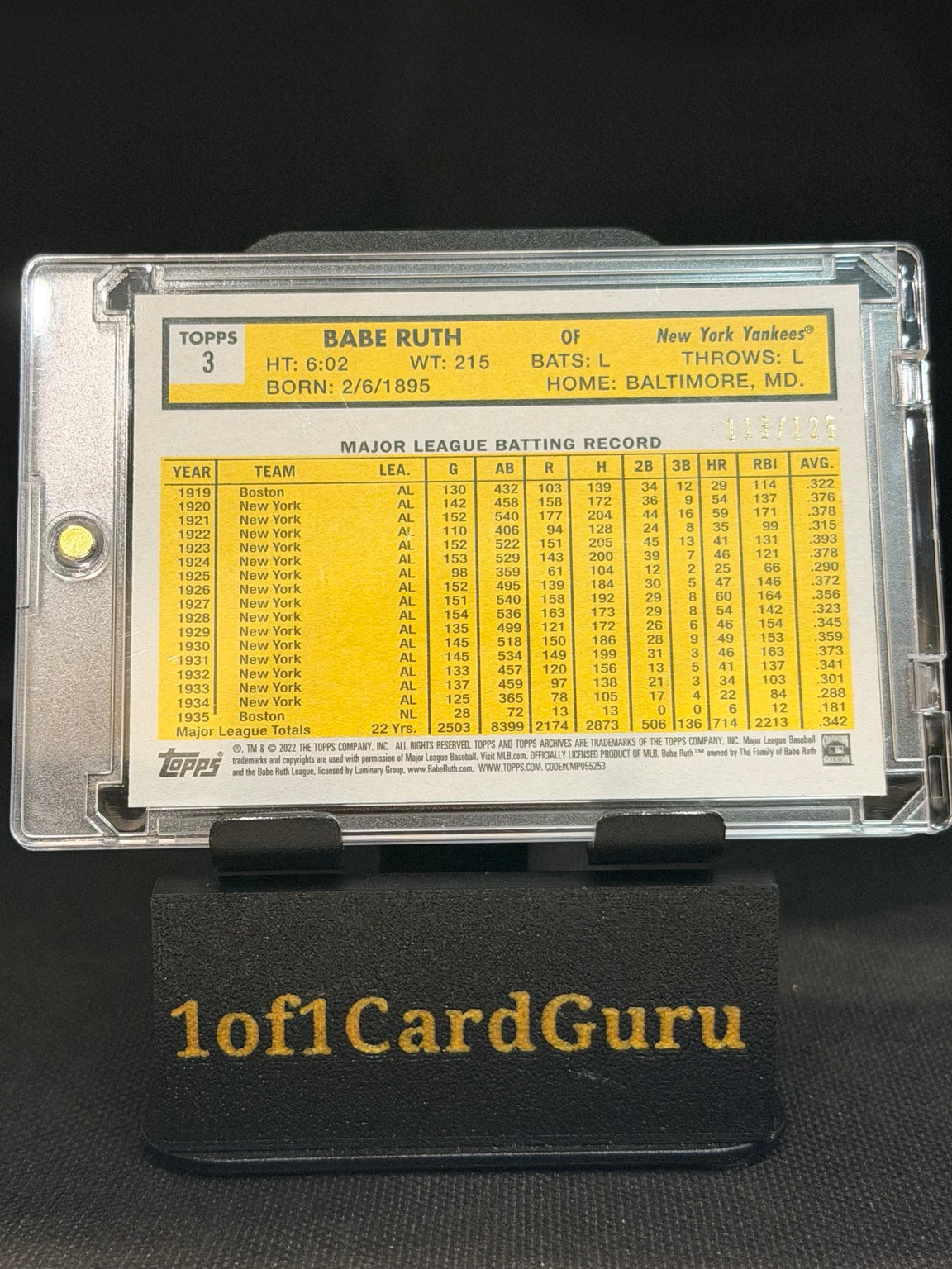 2022 Topps Archives Babe Ruth Green #3 – 113/125 – back