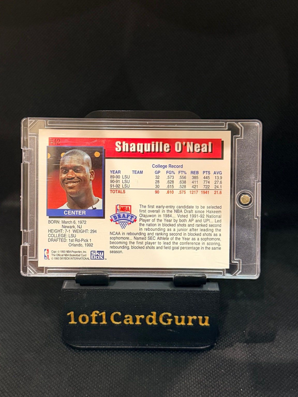 1992–93 NBA Hoops Shaquille O’Neal Rookie #442 — back