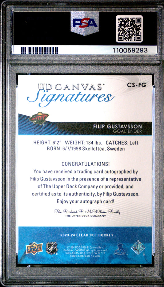2023 Upper Deck Clear Cut Canvas Signatures Filip Gustavsson #CSFG Red Ink PSA 9
