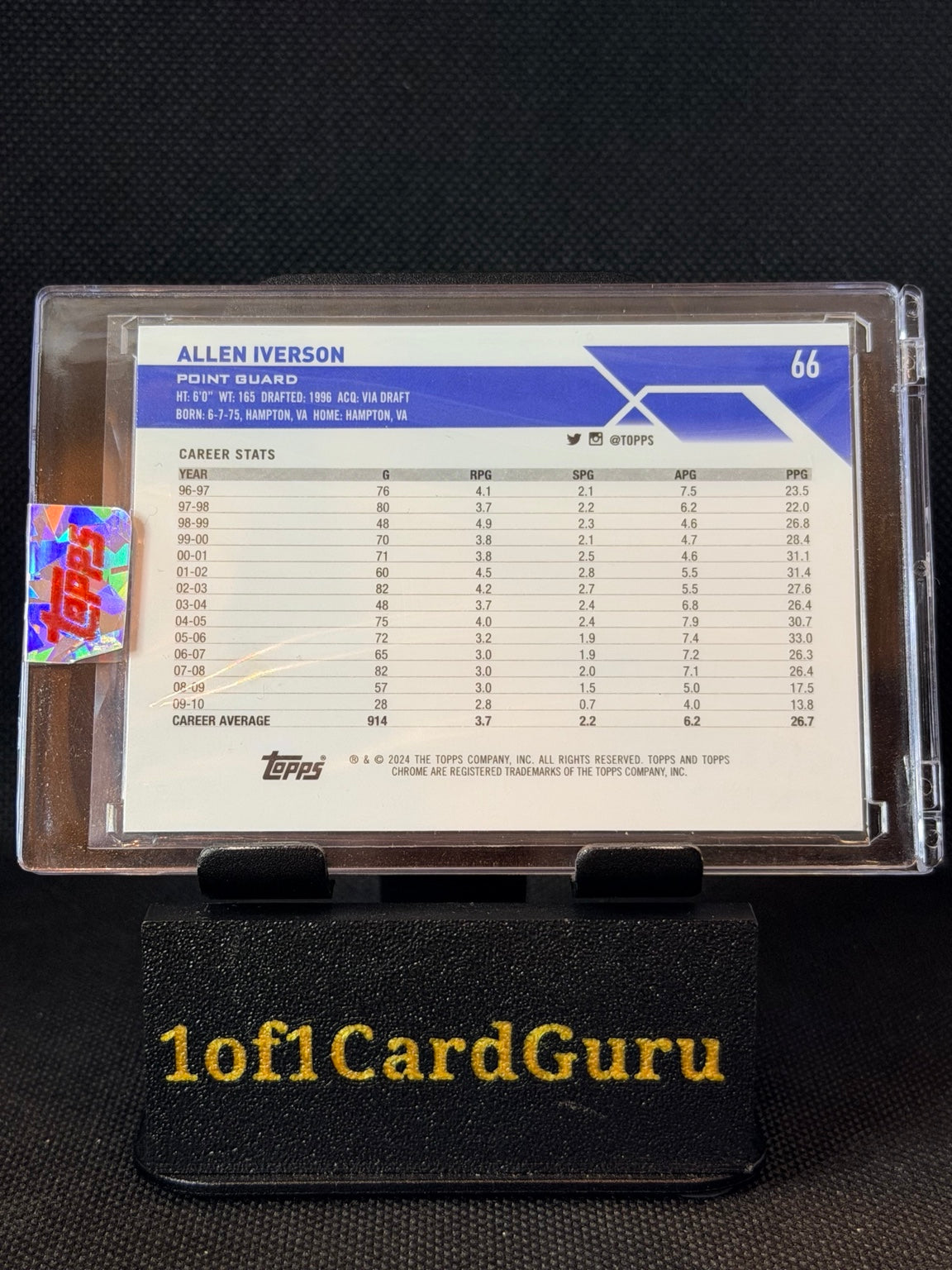 2023-24 Topps Chrome Allen Iverson Prism Refractor #66 In-Person Autograph — back