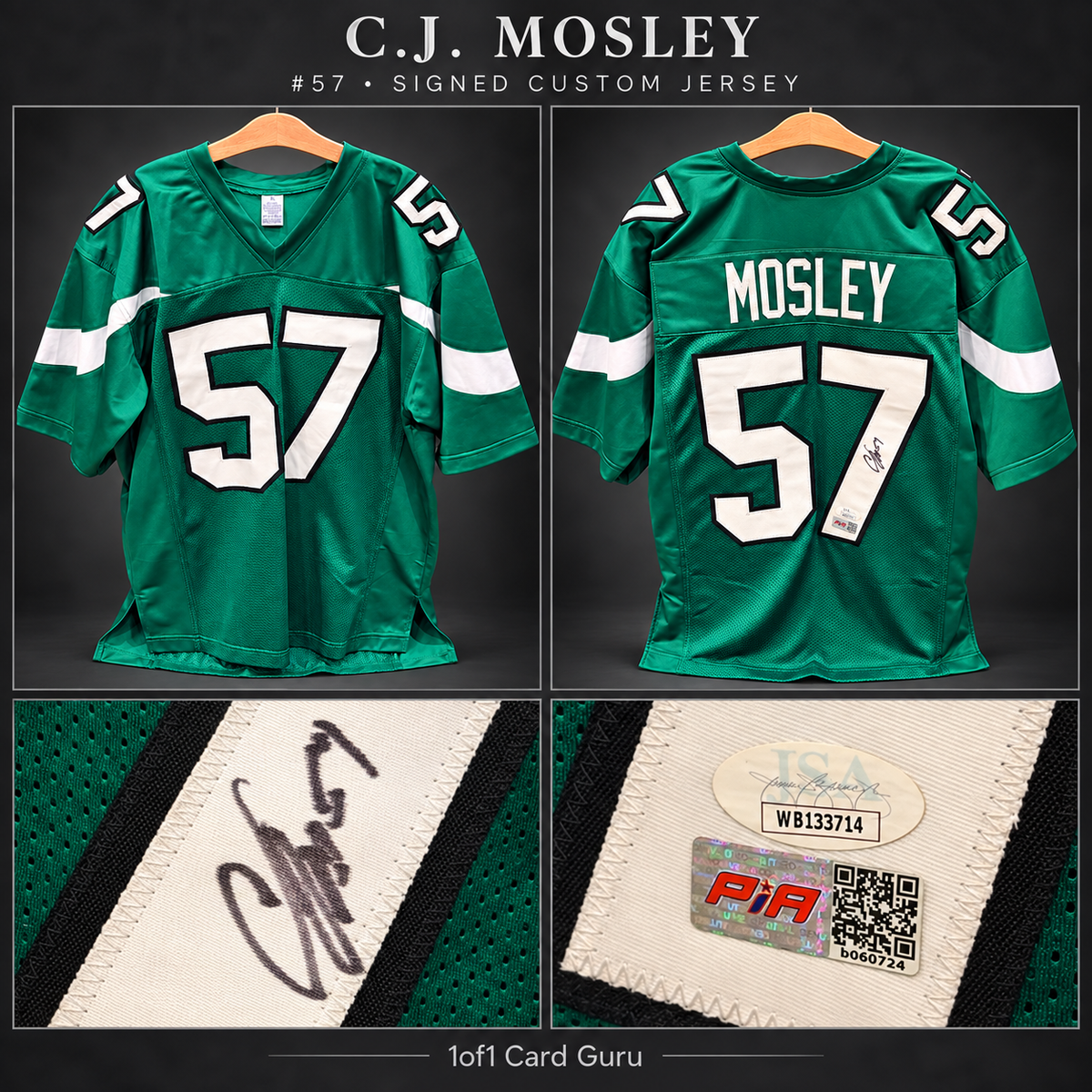 Edited collage of C.J. Mosley jersey front, back, autograph and authentication details