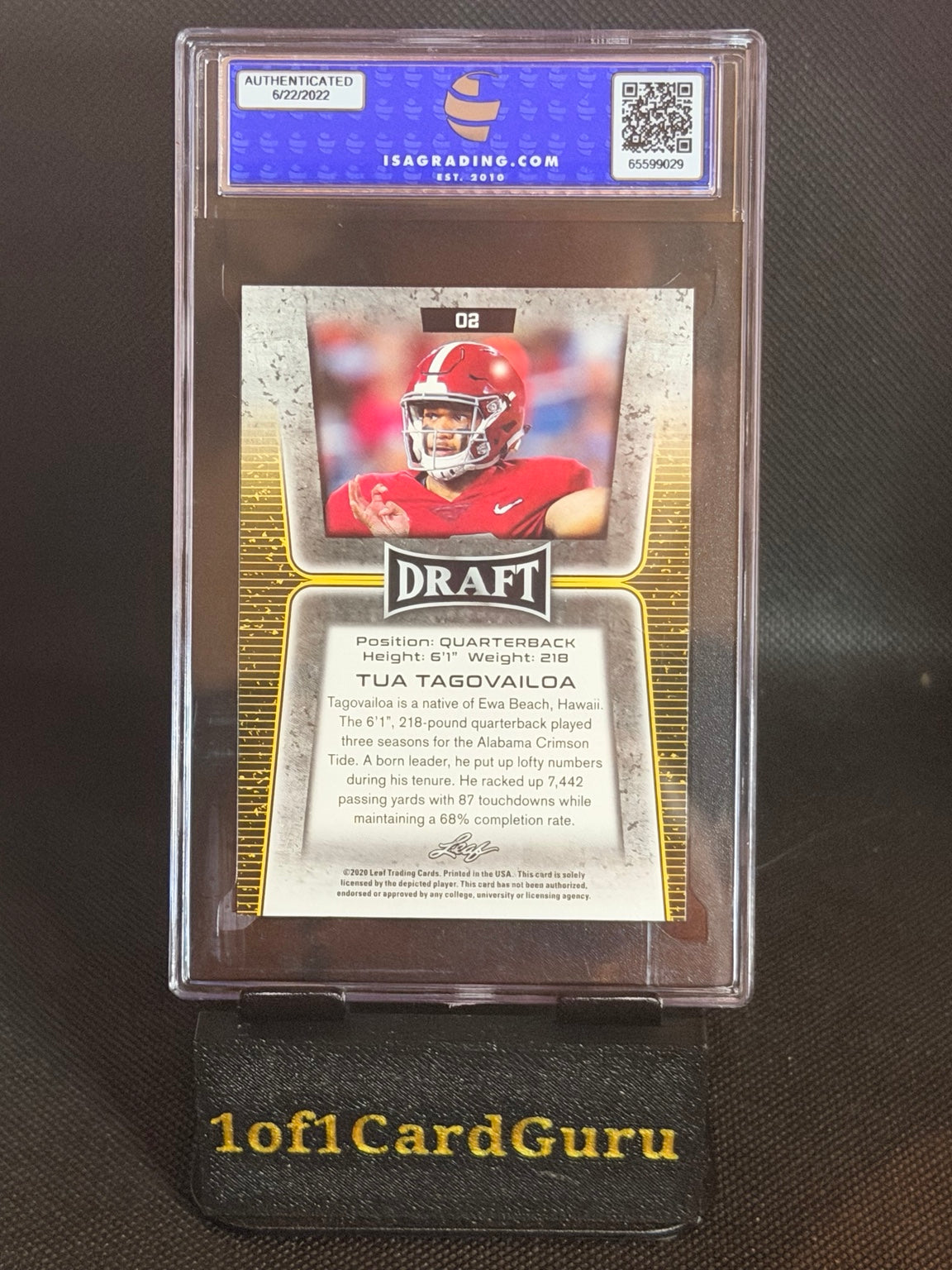 2020 Leaf Draft Tua Tagovailoa #2 Rookie ISA 10 back