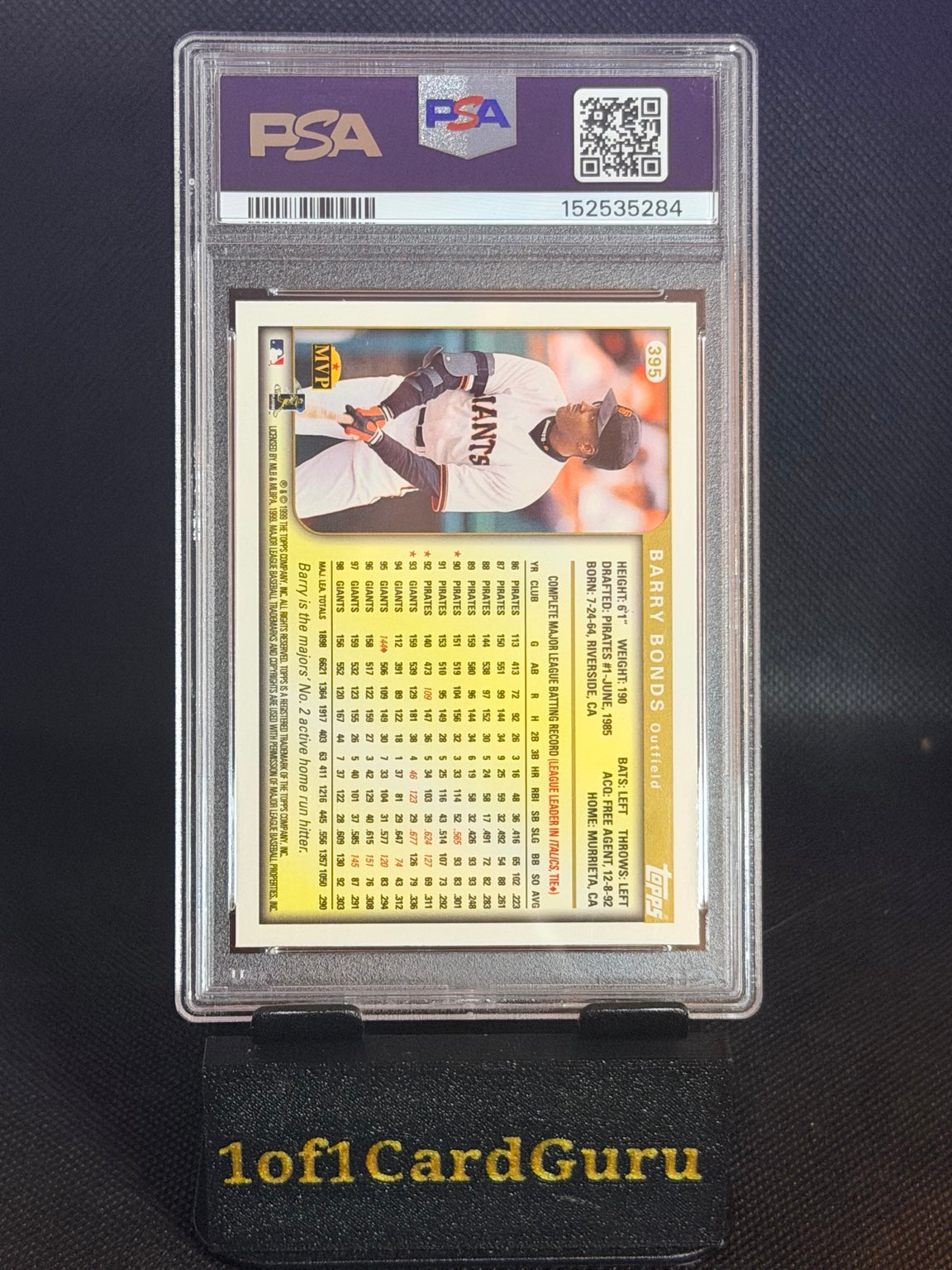 Back of 1999 Topps Barry Bonds #395 PSA 9 Mint, cert 152535284