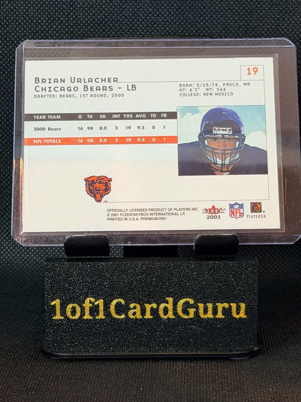 Back of 2001 Fleer Premium Brian Urlacher #19 Chicago Bears