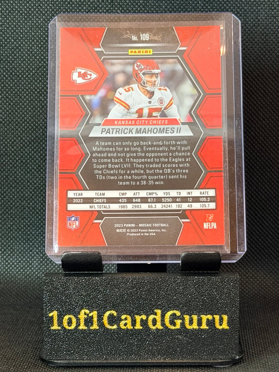 Back of 2023 Panini Mosaic Patrick Mahomes II #109 base card Kansas City Chiefs
