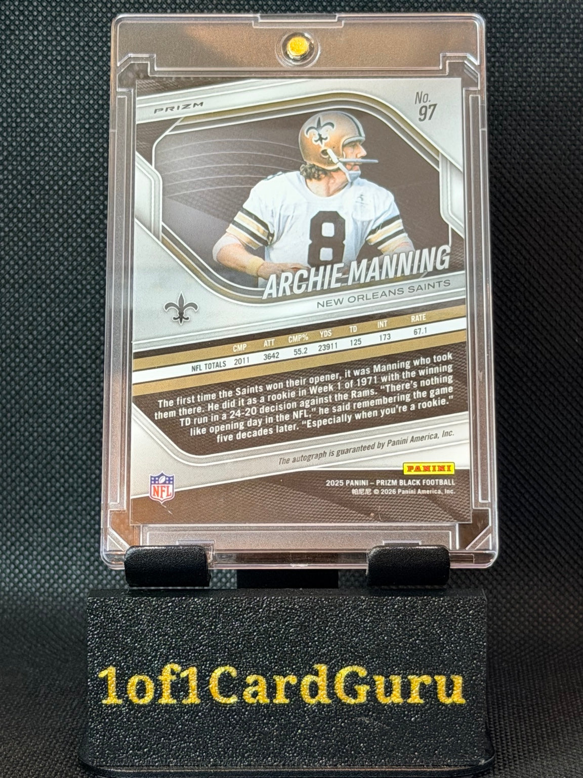 Back of 2025 Panini Prizm Black Archie Manning #97 Silver Prizm autograph