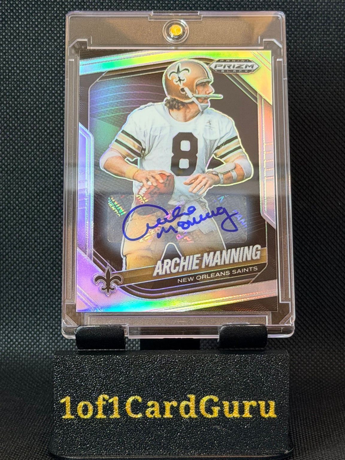 Front of 2025 Panini Prizm Black Archie Manning #97 Silver Prizm autograph, New Orleans Saints