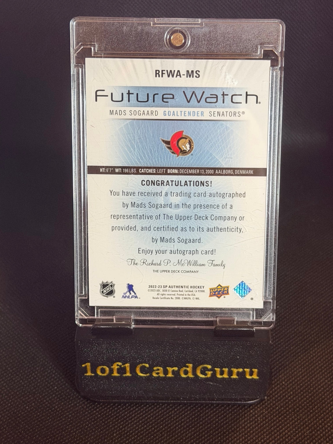 2022-23 SP Authentic Mads Sogaard Retro Future Watch Autograph /699 #RFWA-MS back