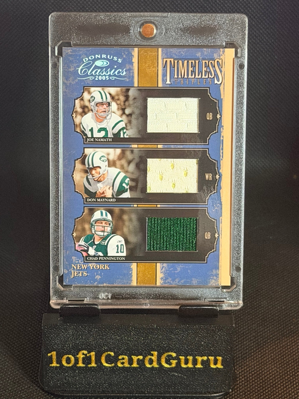 2005 Donruss Classics Joe Namath Don Maynard Chad Pennington Timeless Triples Jerseys #TT-7 /100 front