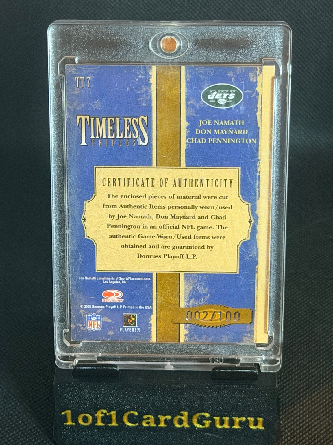 2005 Donruss Classics Joe Namath Don Maynard Chad Pennington Timeless Triples Jerseys #TT-7 /100 back