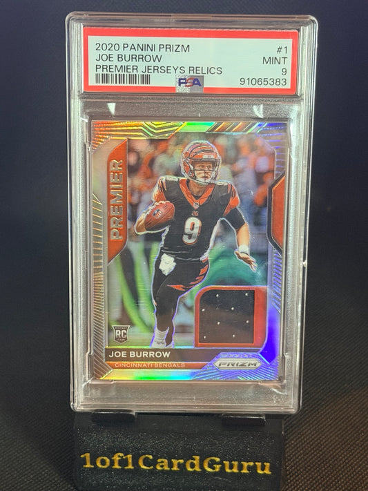 2020 Panini Prizm Joe Burrow Premier Jerseys Relics #1 PSA 9 front