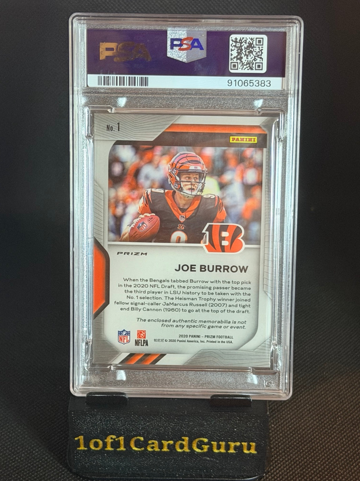 2020 Panini Prizm Joe Burrow Premier Jerseys Relics #1 PSA 9 back