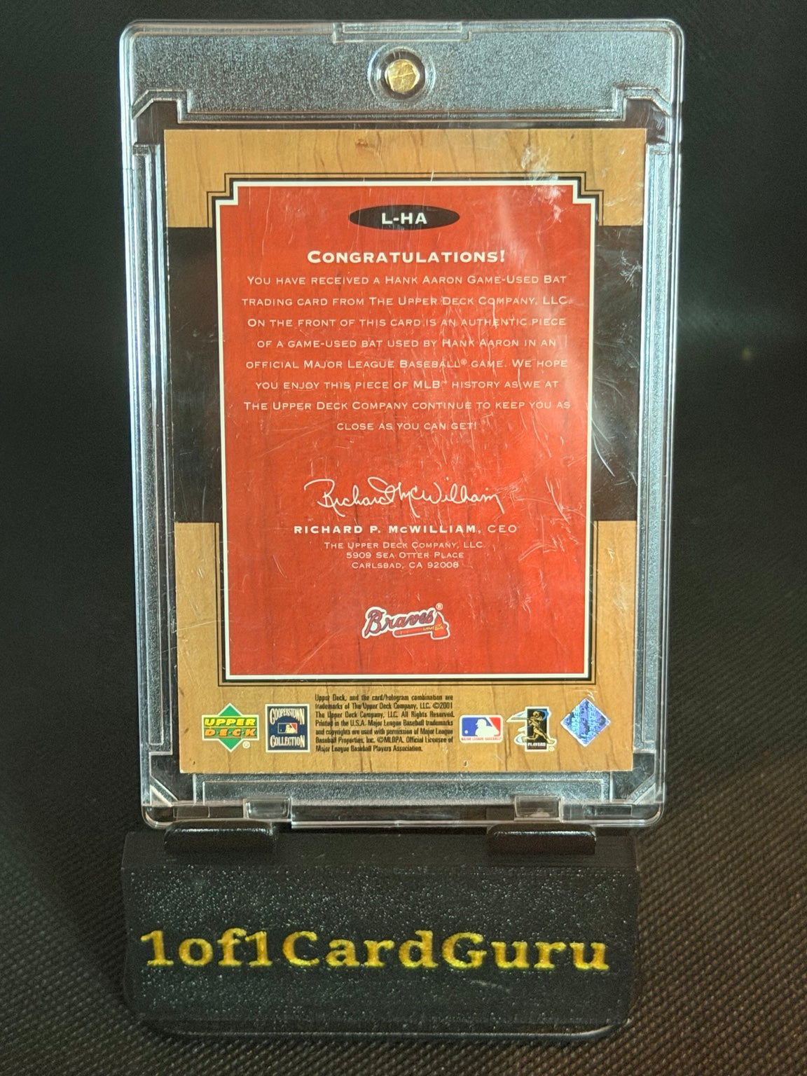 2001 Upper Deck Legends Hank Aaron Legendary Lumber #L-HA Game-Used Bat back