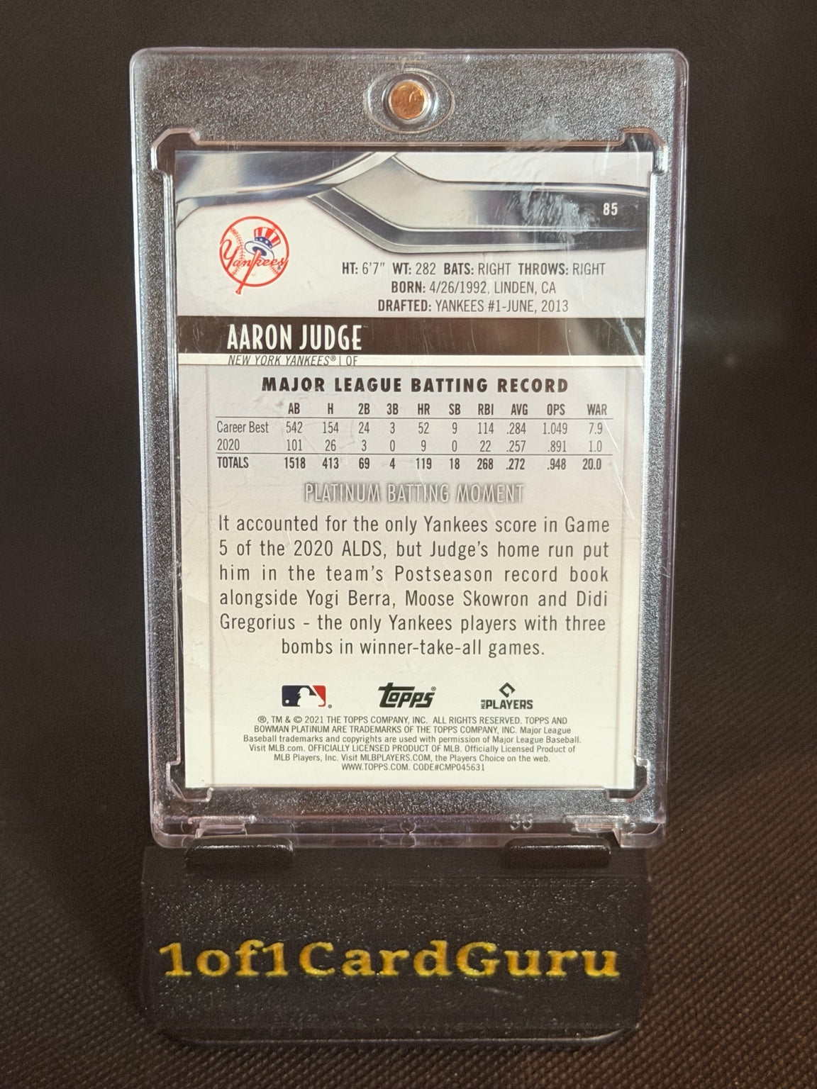 2021 Bowman Platinum Aaron Judge #85 Ice Foil back