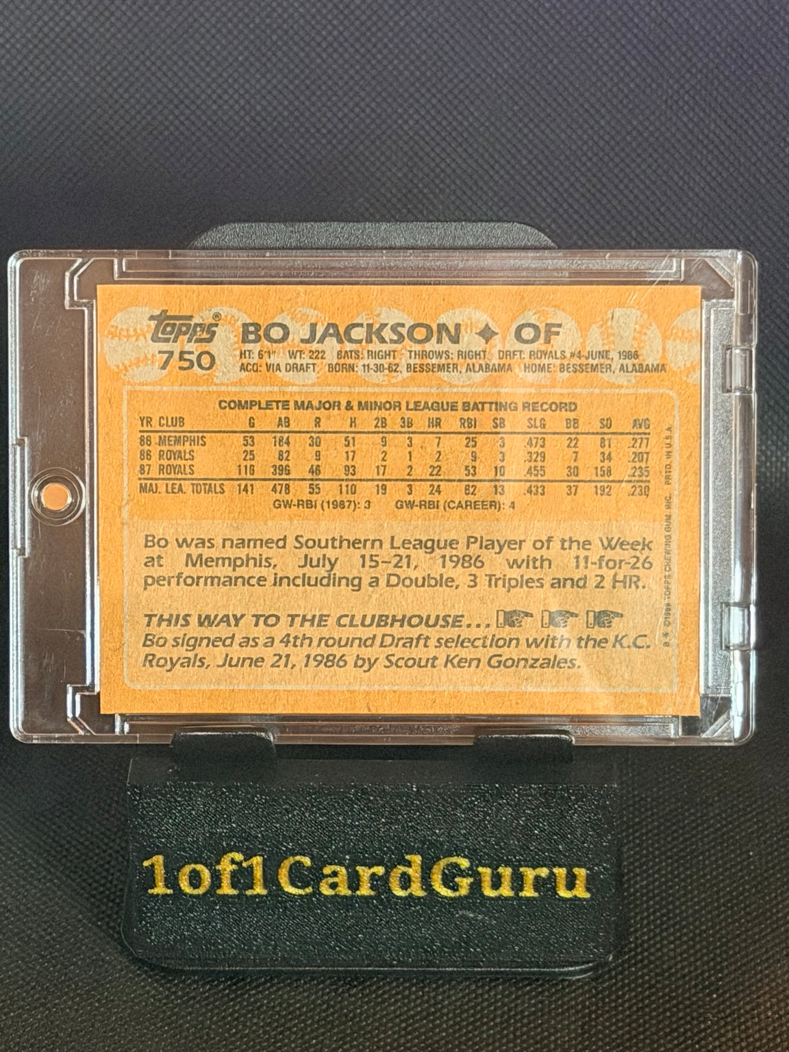 1988 Topps Bo Jackson #750 Kansas City Royals back