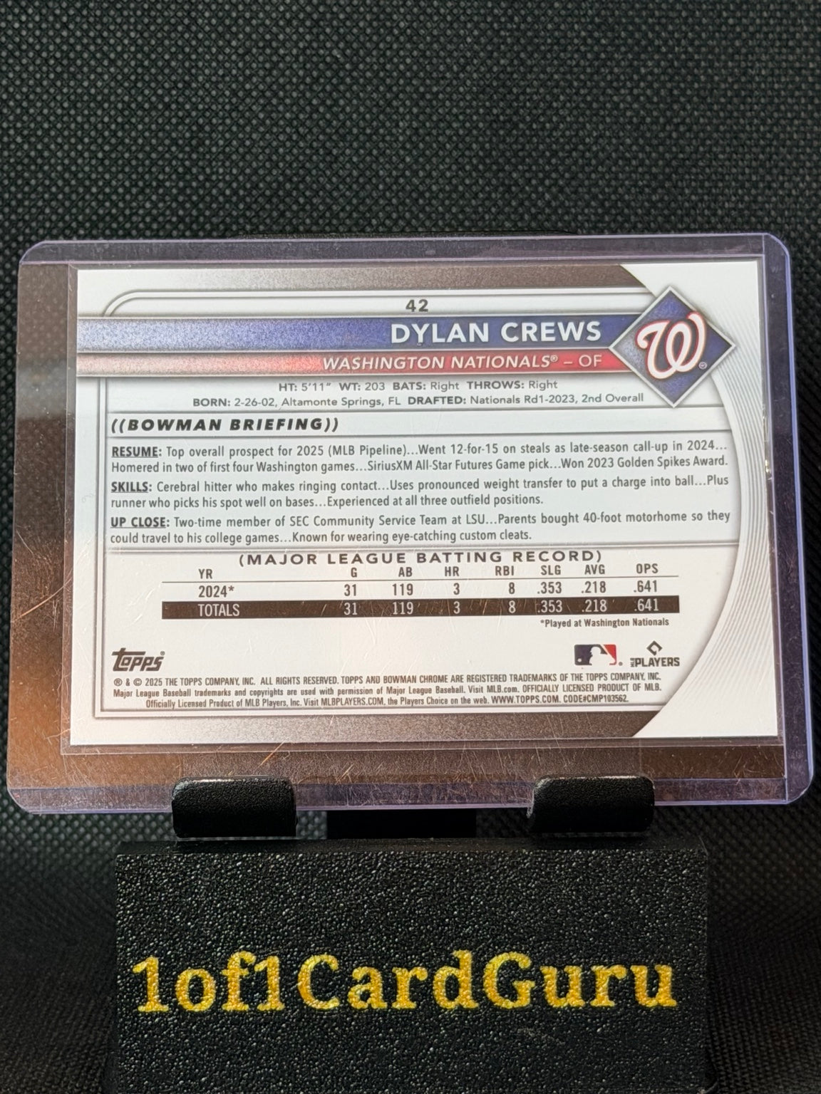 Back of 2025 Bowman Chrome Dylan Crews #42 Mojo Refractor Rookie