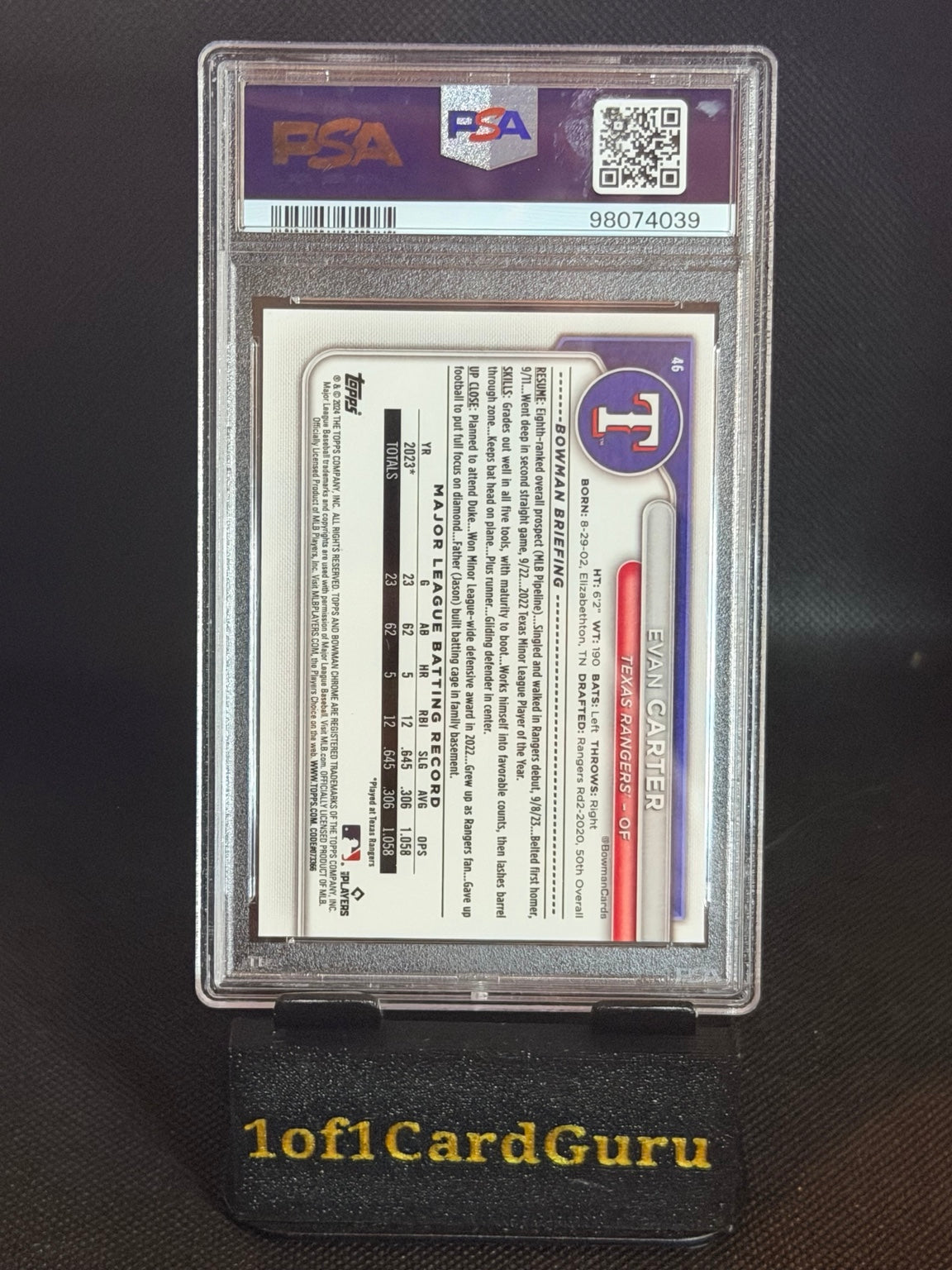 2024 Bowman Mega Box Chrome Evan Carter #46 Rookie — PSA 10 back