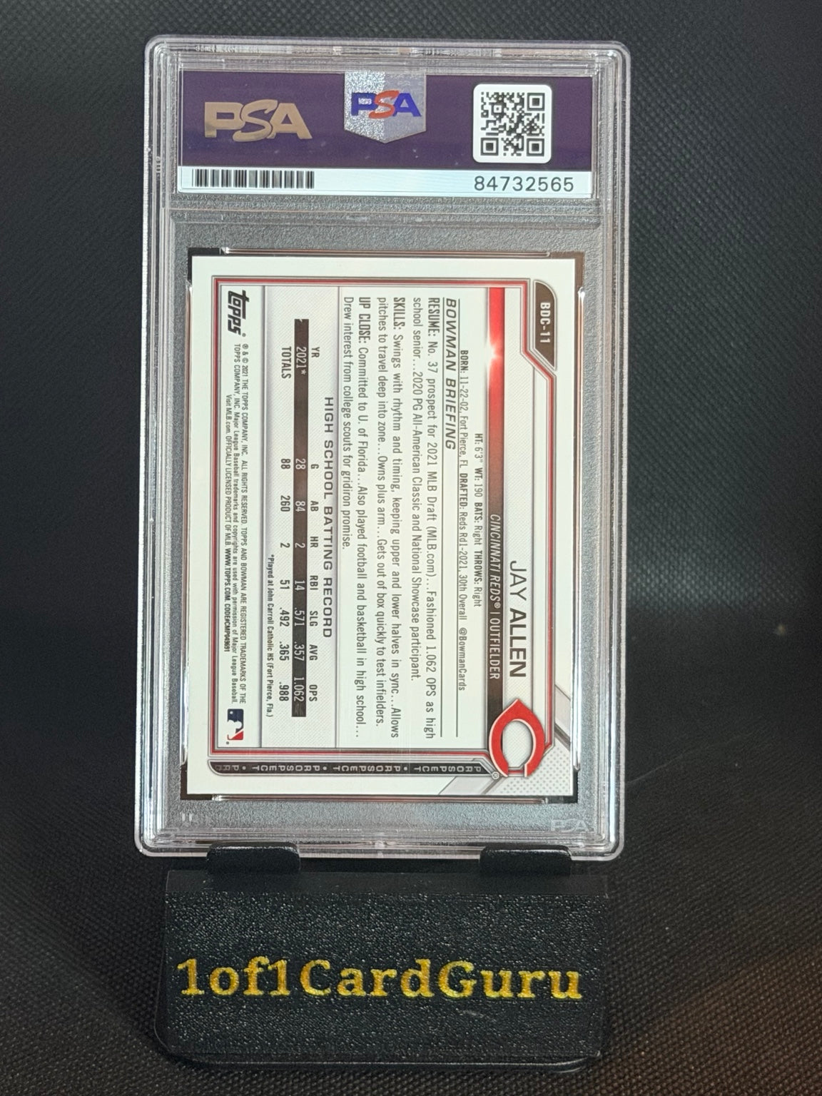 2021 Bowman Draft Chrome Jay Allen 1st BDC-11 Blue Refractor Signed PSA/DNA back