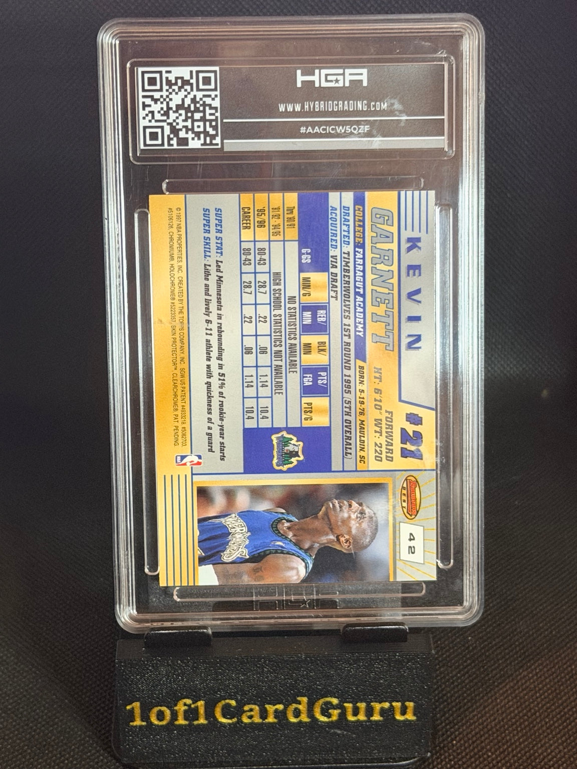 1996-97 Bowman's Best Kevin Garnett #42 — HGA 9.5 Gem Mint back
