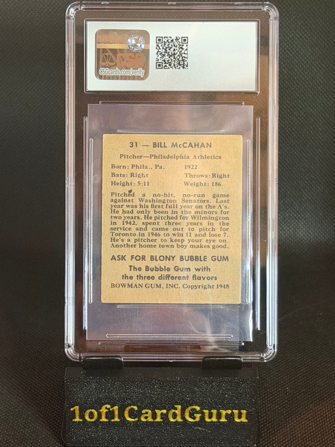 1948 Bowman Bill McCahan #31 Rookie CSG 4.5 Philadelphia Athletics back