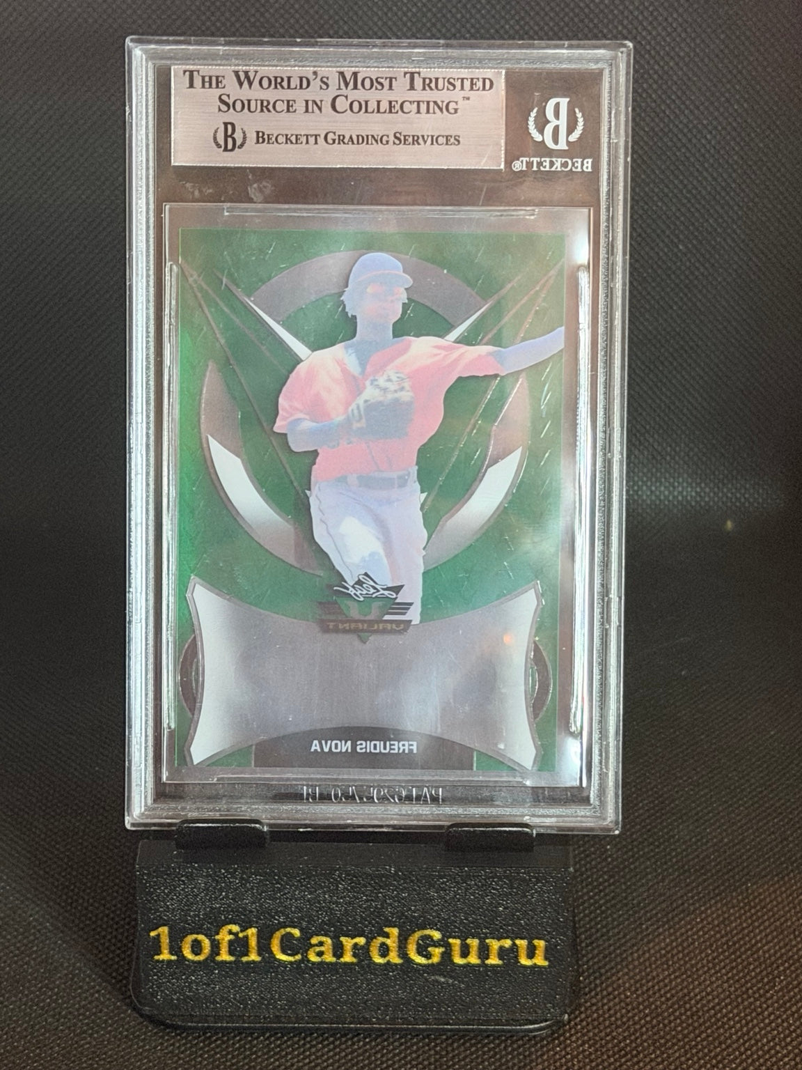 2019 Leaf Valiant Draft Freudis Nova Clear Green Pre-Production Proof 1/1 — Beckett Encased back