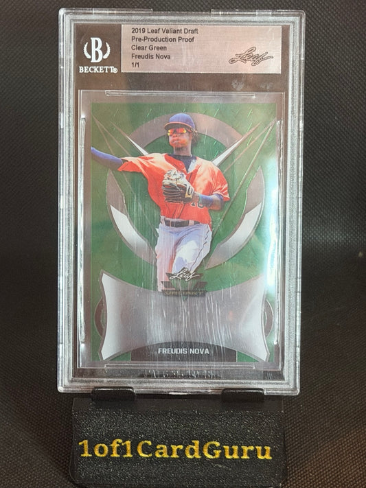 2019 Leaf Valiant Draft Freudis Nova Clear Green Pre-Production Proof 1/1 — Beckett Encased front