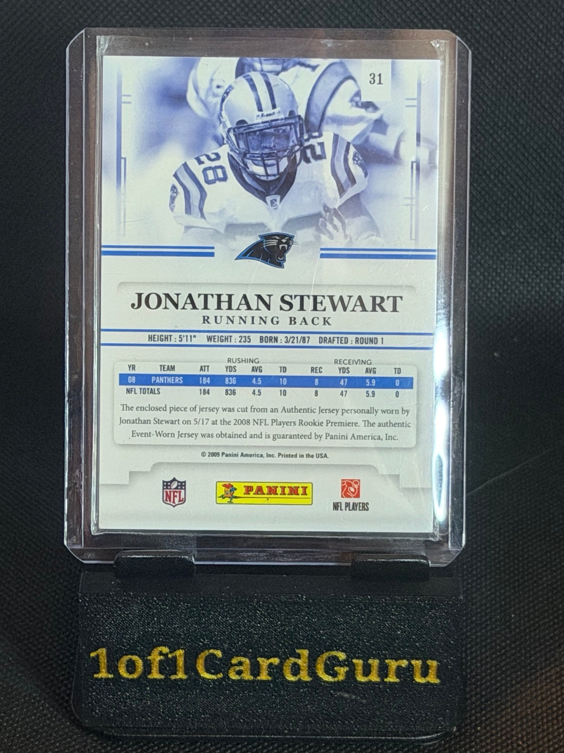 2009 Playoff Prestige Jonathan Stewart Rookie Review #31 Event-Worn Jersey back