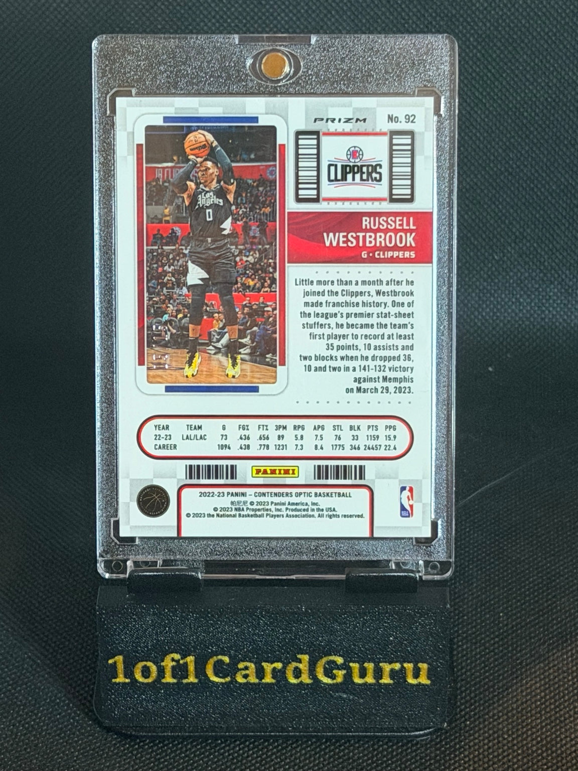 2022-23 Contenders Optic Russell Westbrook #92 Season Ticket Pink Clippers back