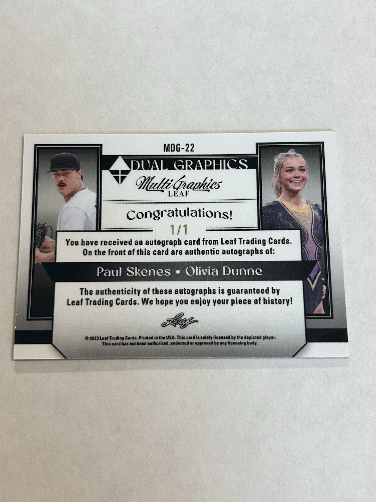 2023 Leaf Paul Skenes/Livvy Dunne Gold 1 of 1 Rookie Dual Autographs