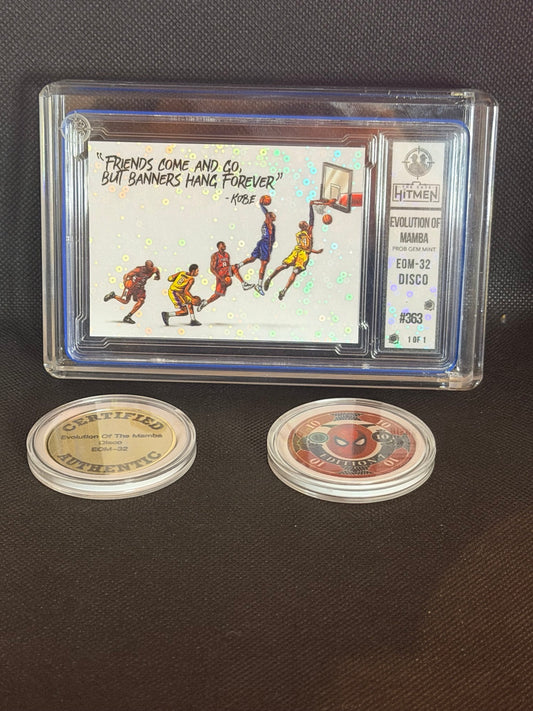Kobe Bryant Evolution of Mamba EOM-32 Disco 1/1 front with two collector coins