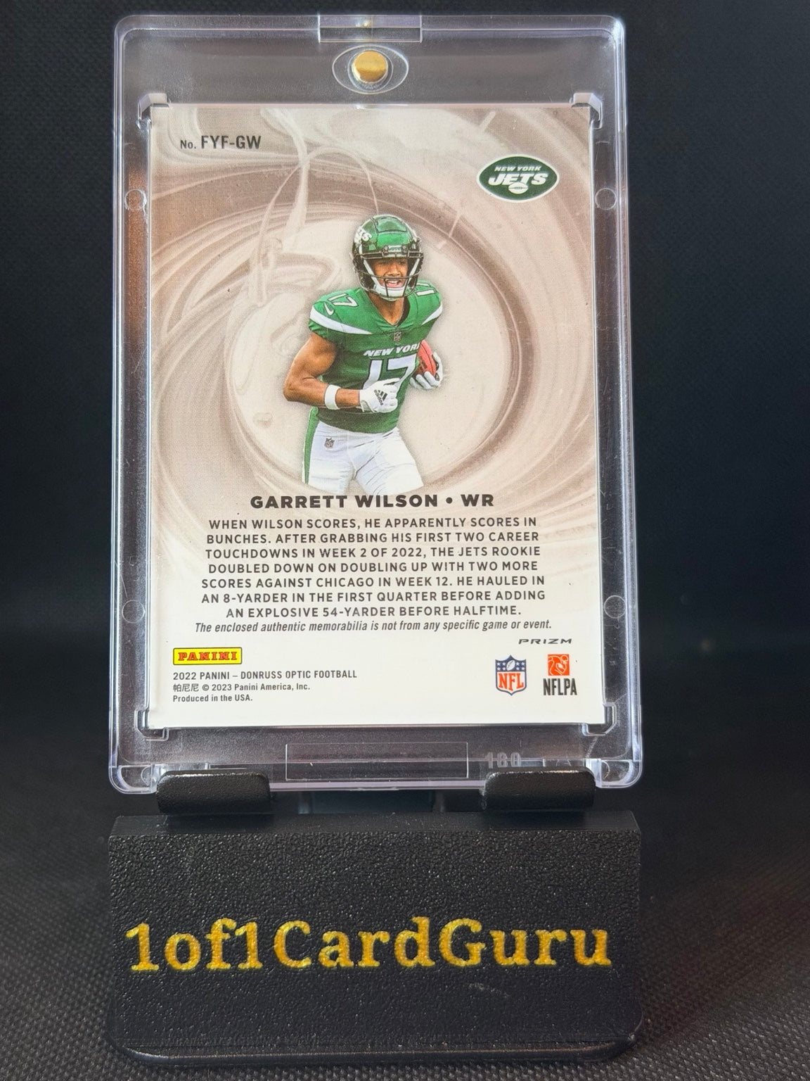 2022 Donruss Optic Garrett Wilson First Year Fresh Prizm Rookie Relic #FYF-GW back
