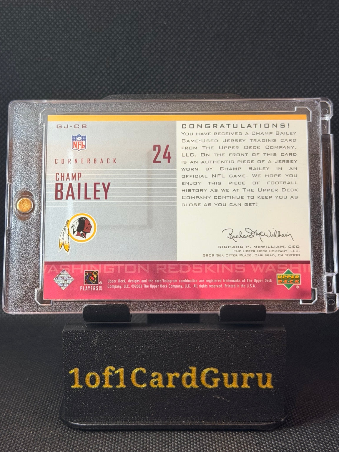 2003 Upper Deck UD Game Jerseys Champ Bailey #GJ-CB Redskins back