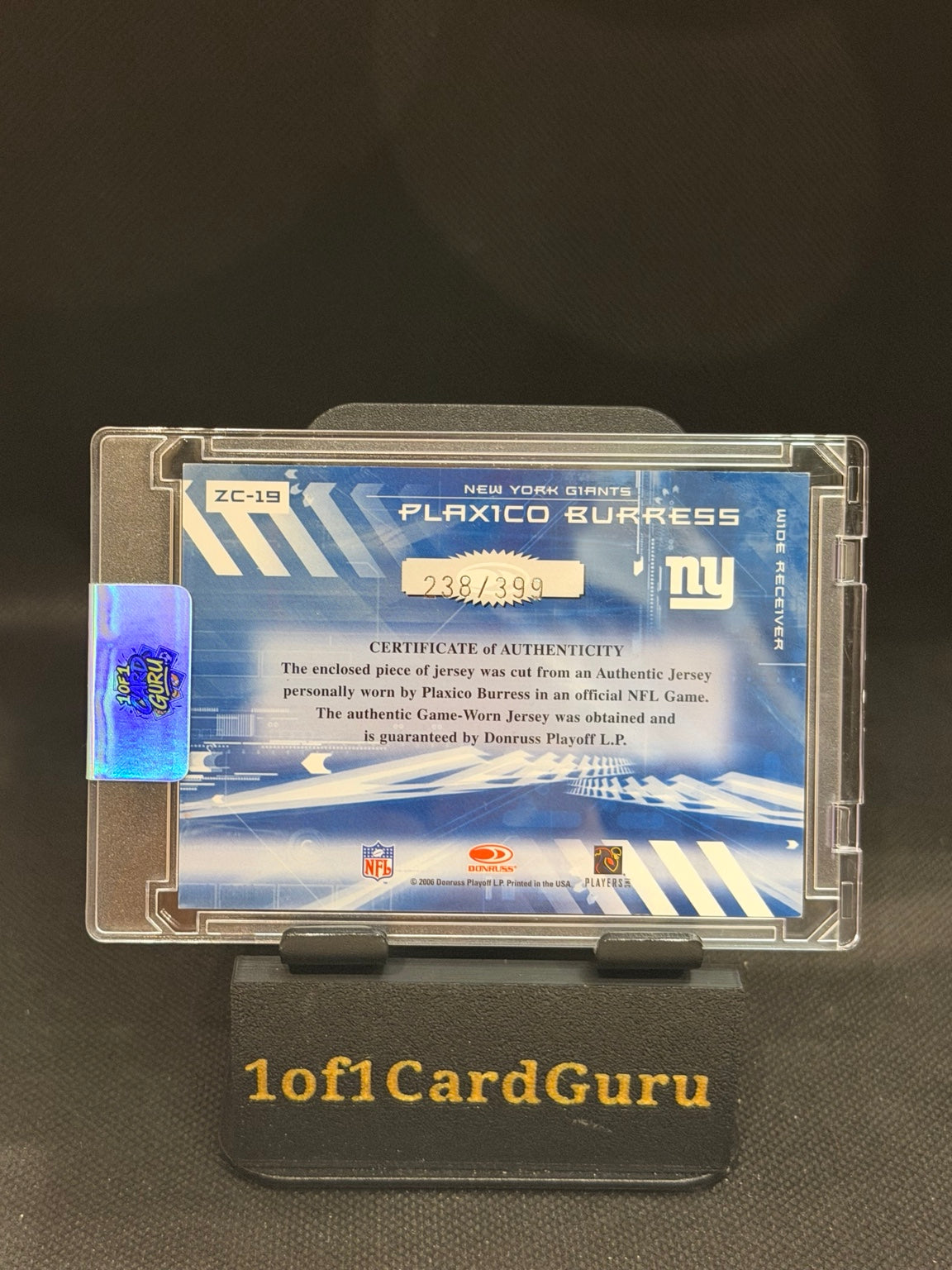 2006 Donruss Elite Plaxico Burress Zoning Commission Game-Worn Jersey #ZC-19 – 238/399 back
