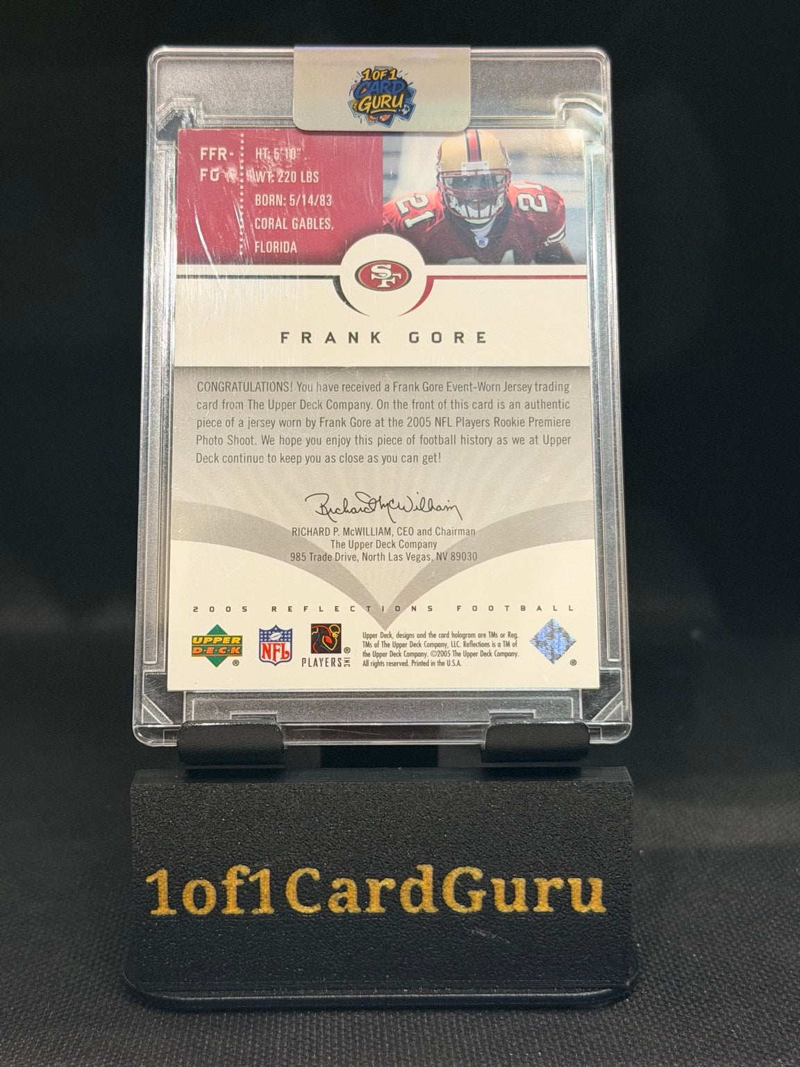 2005 Upper Deck Reflections Frank Gore Future Fabric Rookie Jersey #FFR-FG back