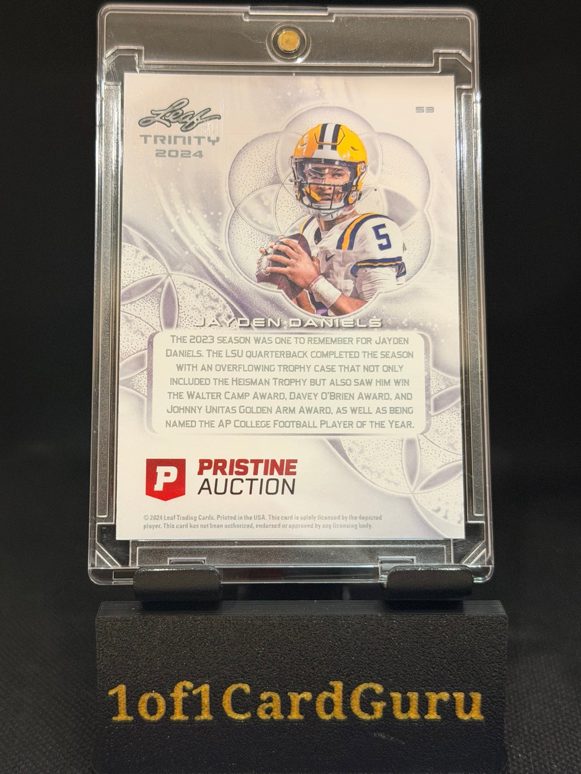 2024 Leaf Trinity Pristine Auction Jayden Daniels Platinum Blue Foil #53 136/199 – back