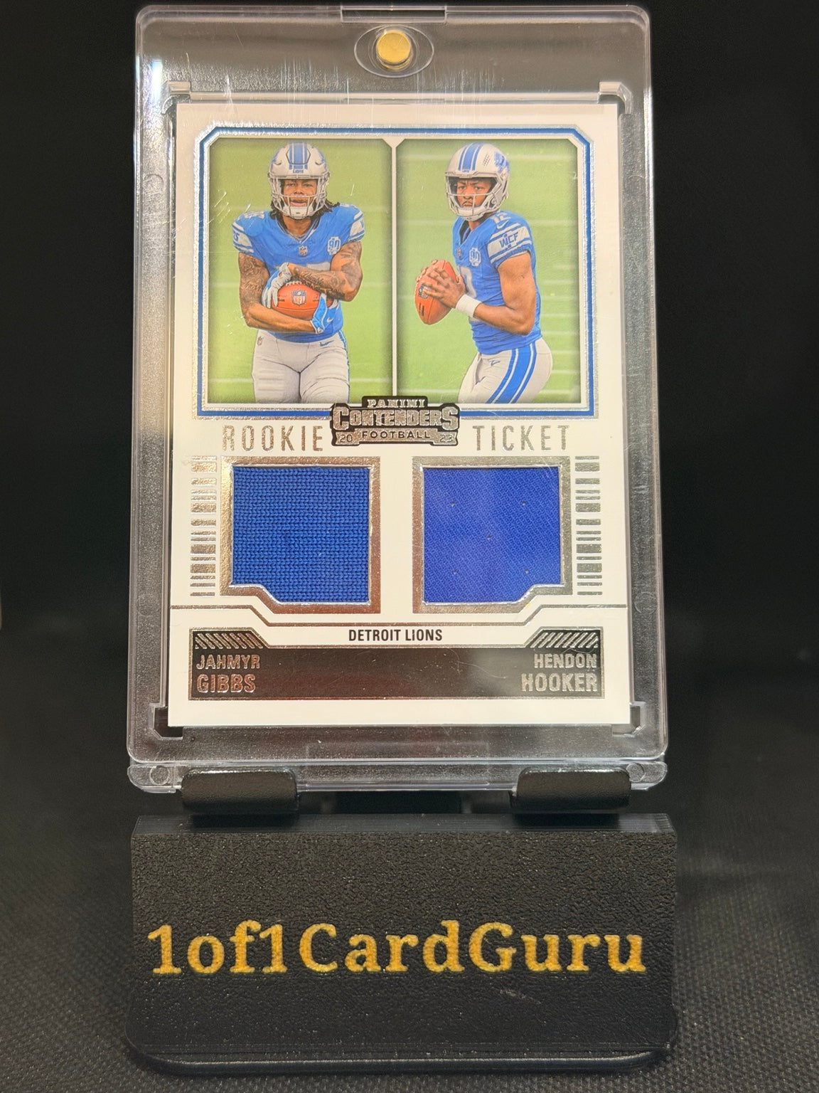2023 Panini Contenders Jahmyr Gibbs / Hendon Hooker Rookie Ticket Dual Swatches #DS-9 — front