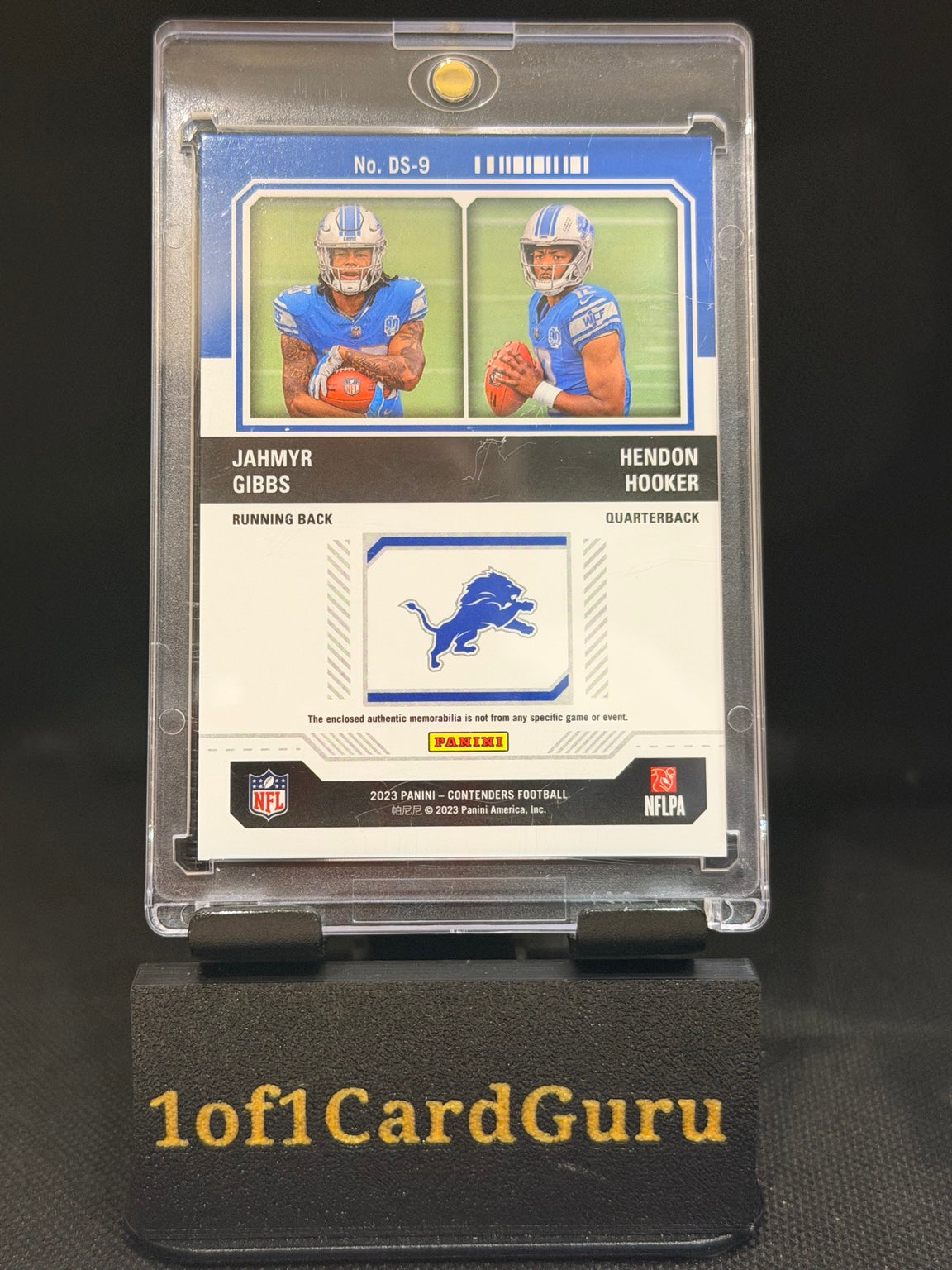 2023 Panini Contenders Jahmyr Gibbs / Hendon Hooker Rookie Ticket Dual Swatches #DS-9 — back