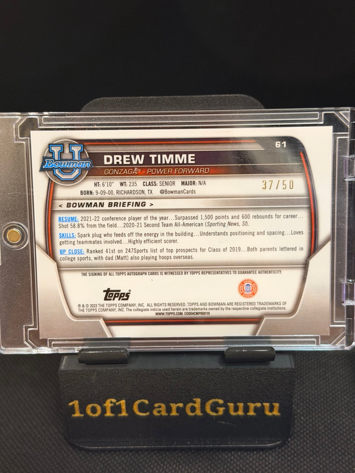 2022–23 Bowman University Chrome Drew Timme Gold Refractor Autograph #61 – 37/50 — back