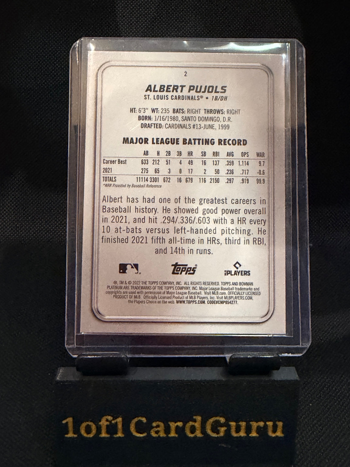 2022 Bowman Platinum Albert Pujols #2 — back