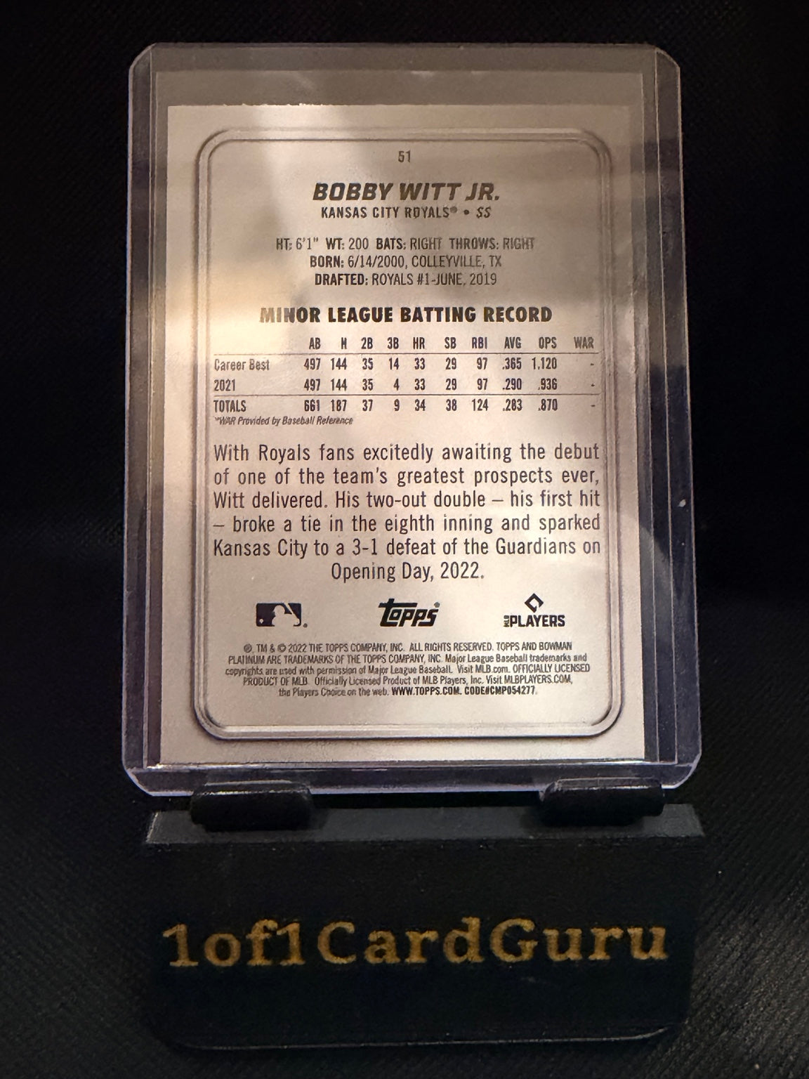 2022 Bowman Platinum Bobby Witt Jr. Rookie #51 — back
