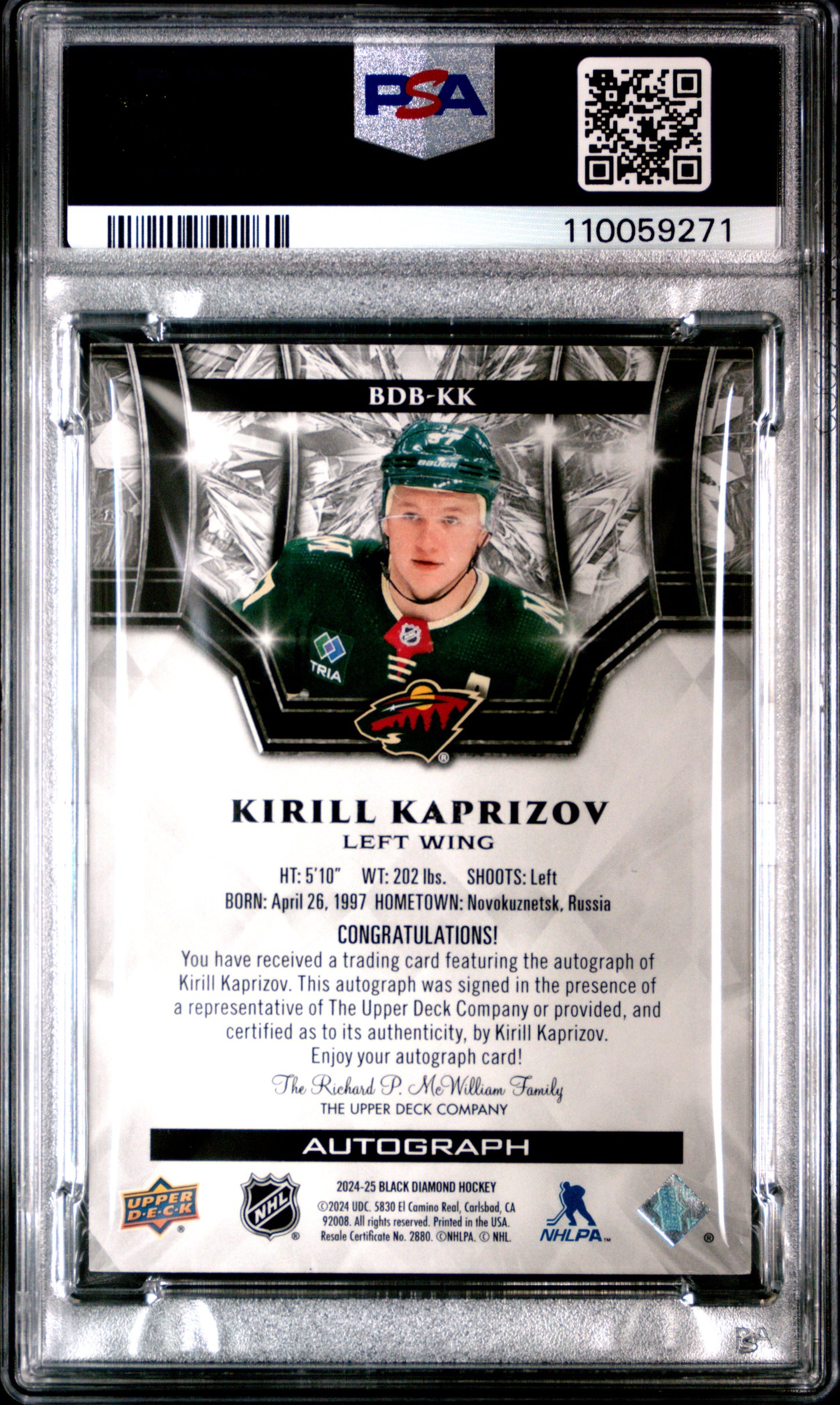 2024 Upper Deck Black Diamond Kirill Kaprizov #BDBKK Auto Low Pop 02/10 Auto 9