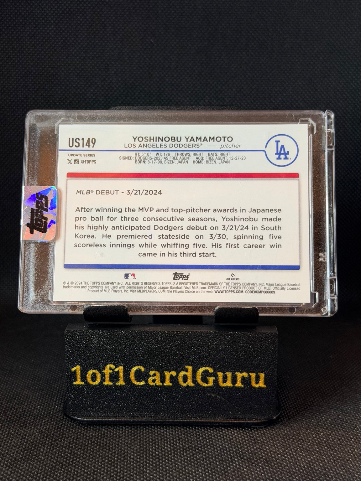2024 Topps Update Yoshinobu Yamamoto Rookie Debut #US149 In-Person Autograph — back
