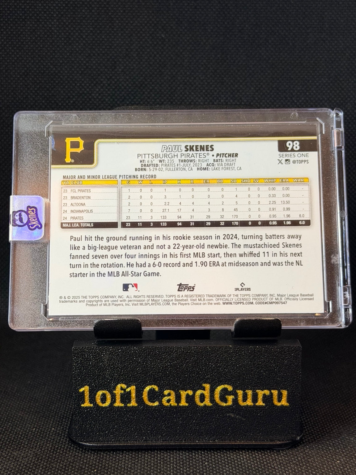 2025 Topps Series 1 Paul Skenes #98 In-Person Autograph — back