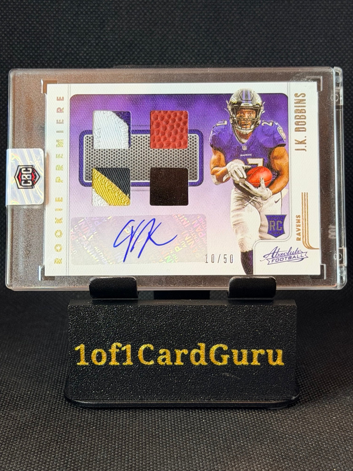 2020 Panini Absolute J.K. Dobbins Rookie Premiere Quad Materials Auto 10/50 #211 — front