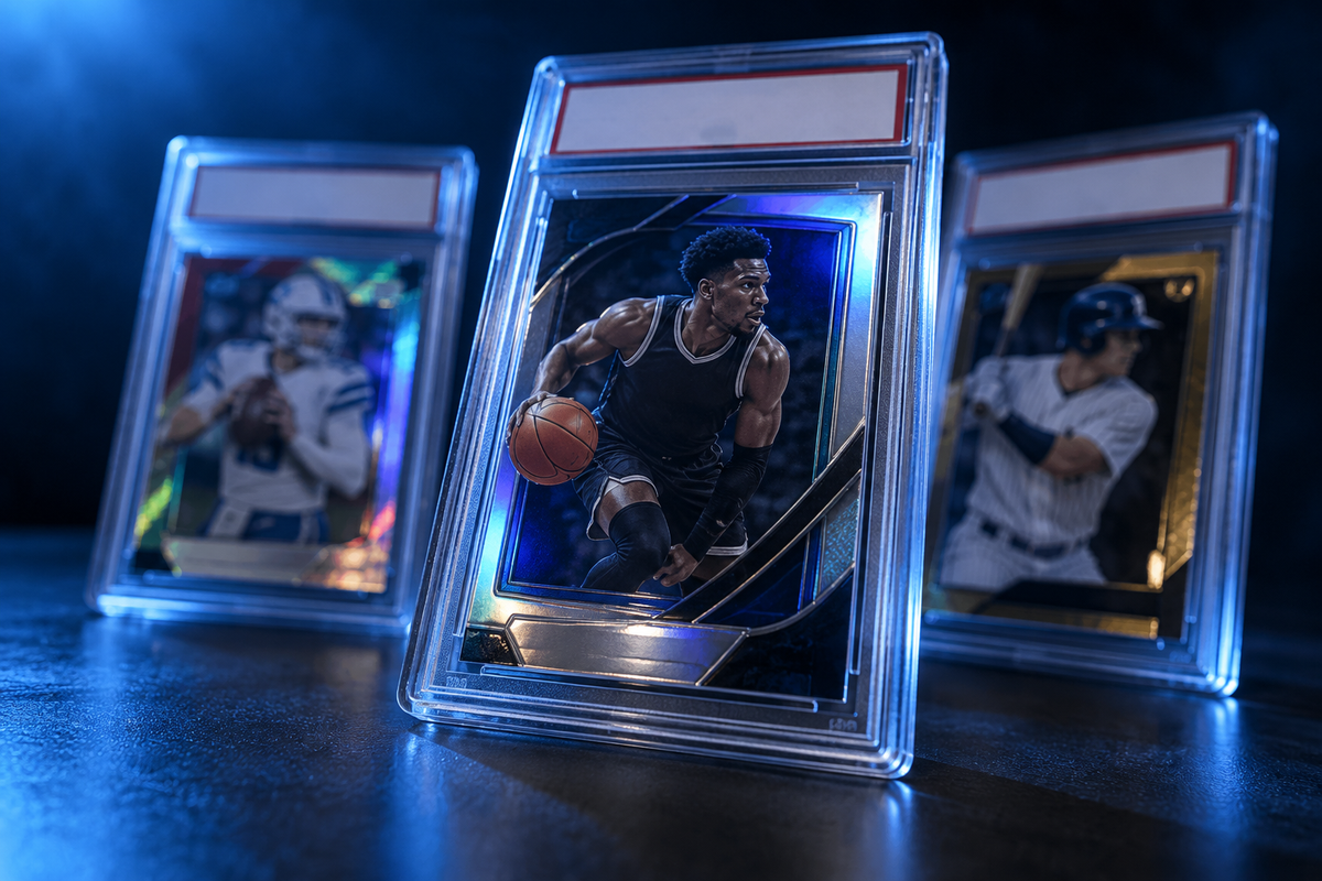 Sports trading cards in protective cases on a dark blue surface