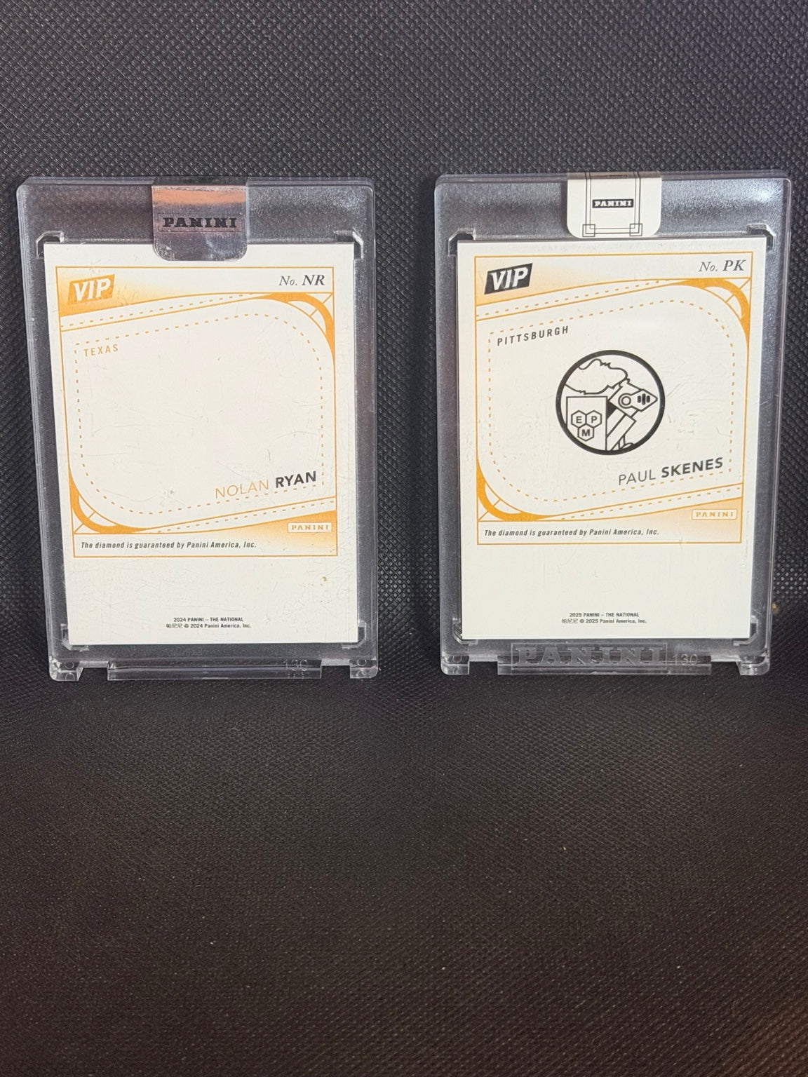 Backs of Nolan Ryan and Paul Skenes Panini VIP Diamond Gems cards